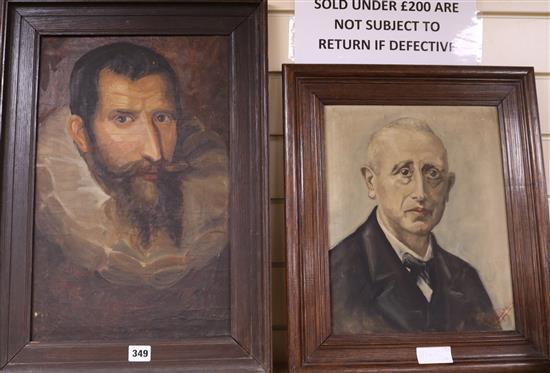 Portrait of a gentleman in ruff and another later portrait Largest 45 x 29cm.